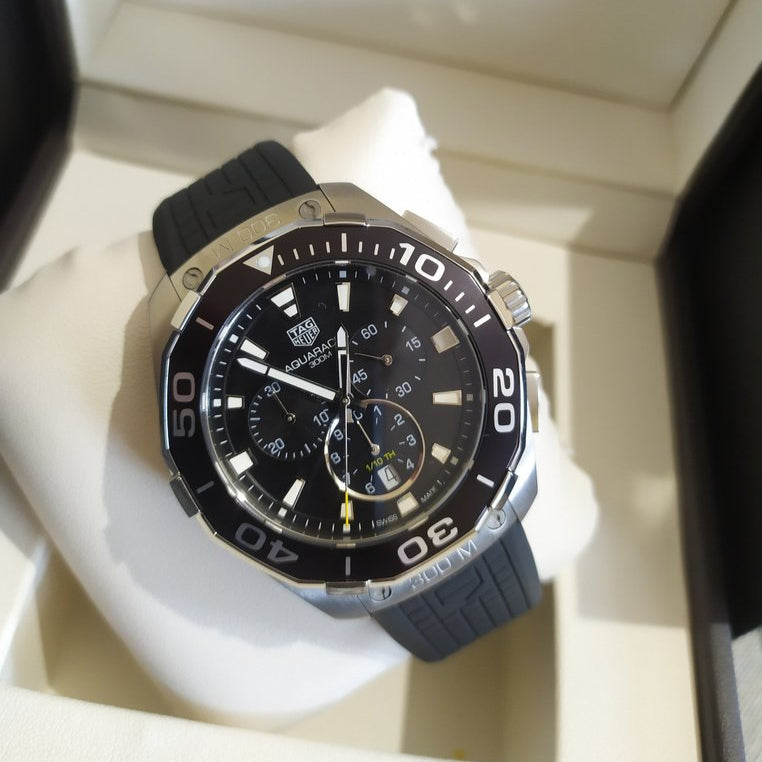 Shop Authentic Tag Heuer Carrera Aquaracer Quartz Chronograph Black Dial Black Rubber Strap Watch for Men - CAY111A.FT6041 - Luxxuri