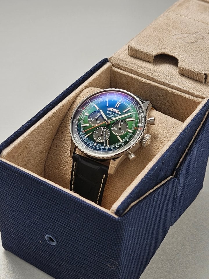  Shop Authentic Breitling Navitimer B01 Chronograph 46 Green Dial Black Leather Strap Watch for Men - AB0137241L1P1 - Luxxuri