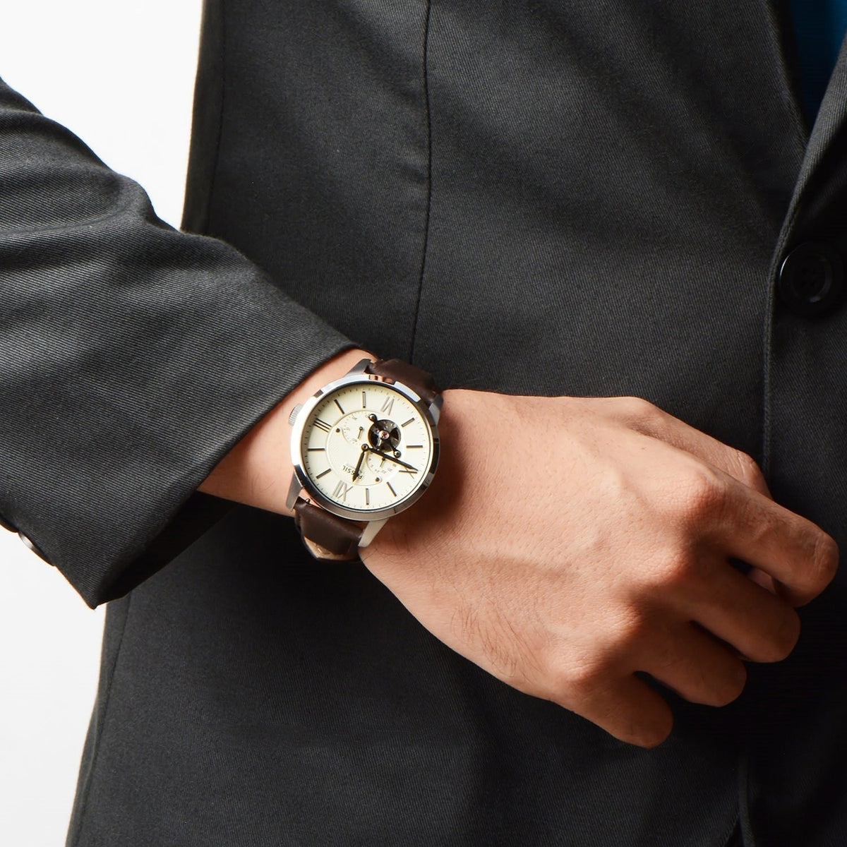  Shop Authentic Fossil Townsman Automatic White Dial Brown Leather Strap Watch for Men - ME3064 - Luxxuri