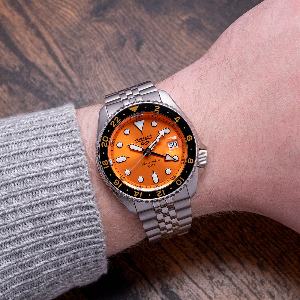  Shop Authentic Seiko 5 Sports GMT Automatic Orange Dial Silver Steel Strap Watch For Men - SSK005K1 - Luxxuri