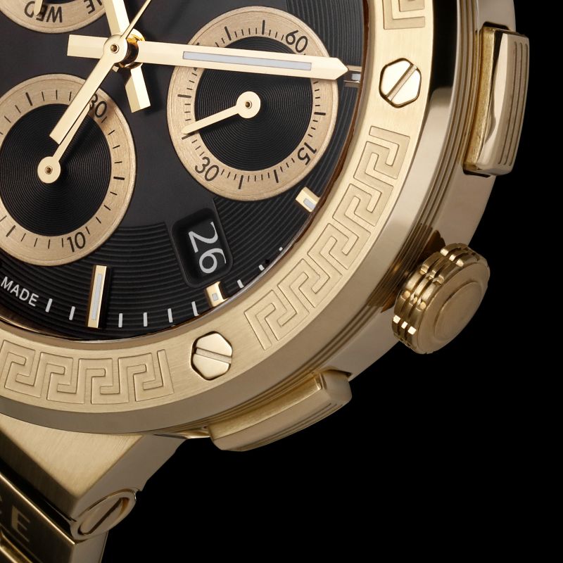  Shop Authentic Versace Greca Chronograph Black Dial Gold Steel Strap Watch For Men - VEZ900421 - Luxxuri