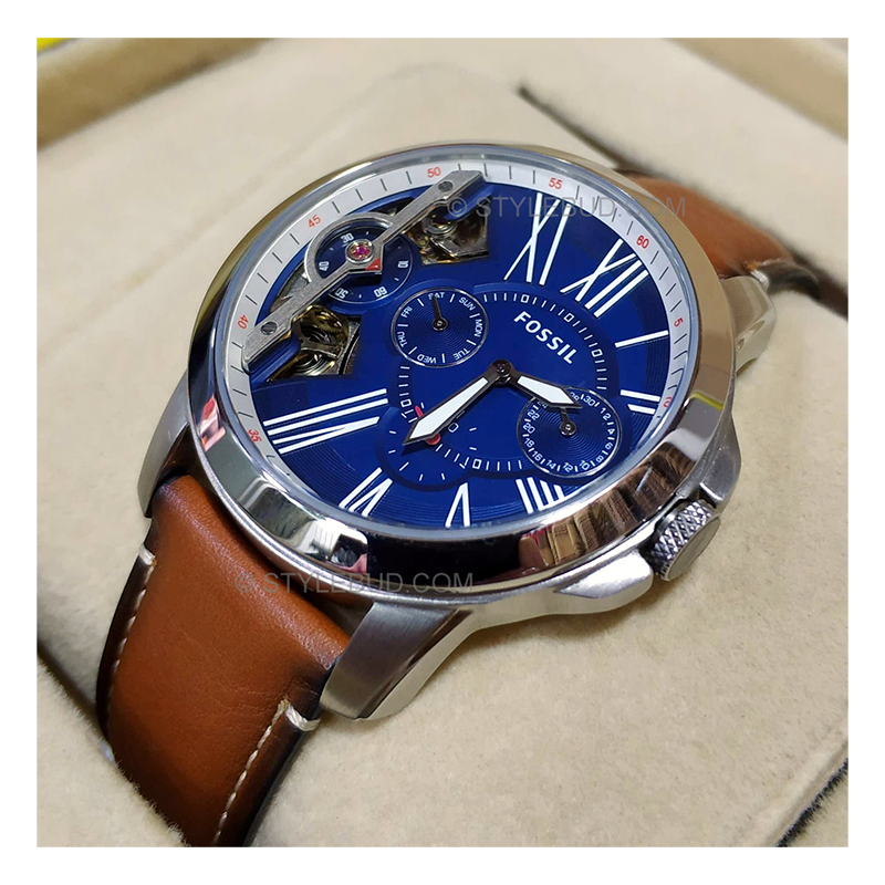  Shop Authentic Fossil Grant Twist Multifunction Blue Dial Brown Leather Strap Watch for Men - ME1161 - Luxxuri