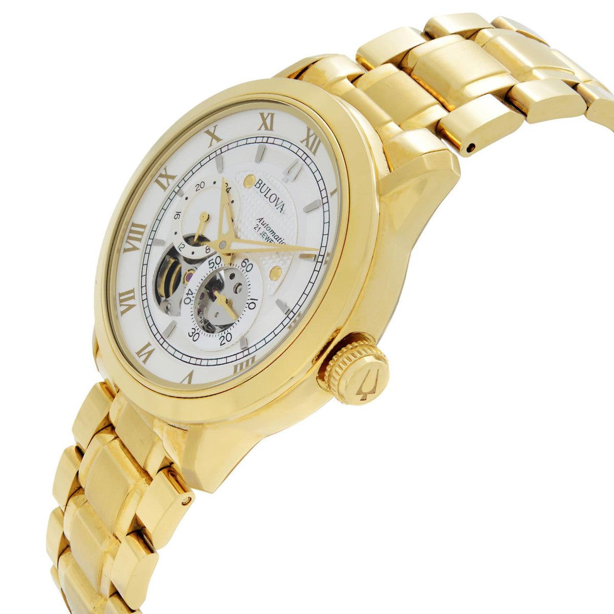  Shop Authentic Bulova BVA Skeleton Silver Dial Gold Steel Strap Watch for Men - 97A108 - Luxxuri