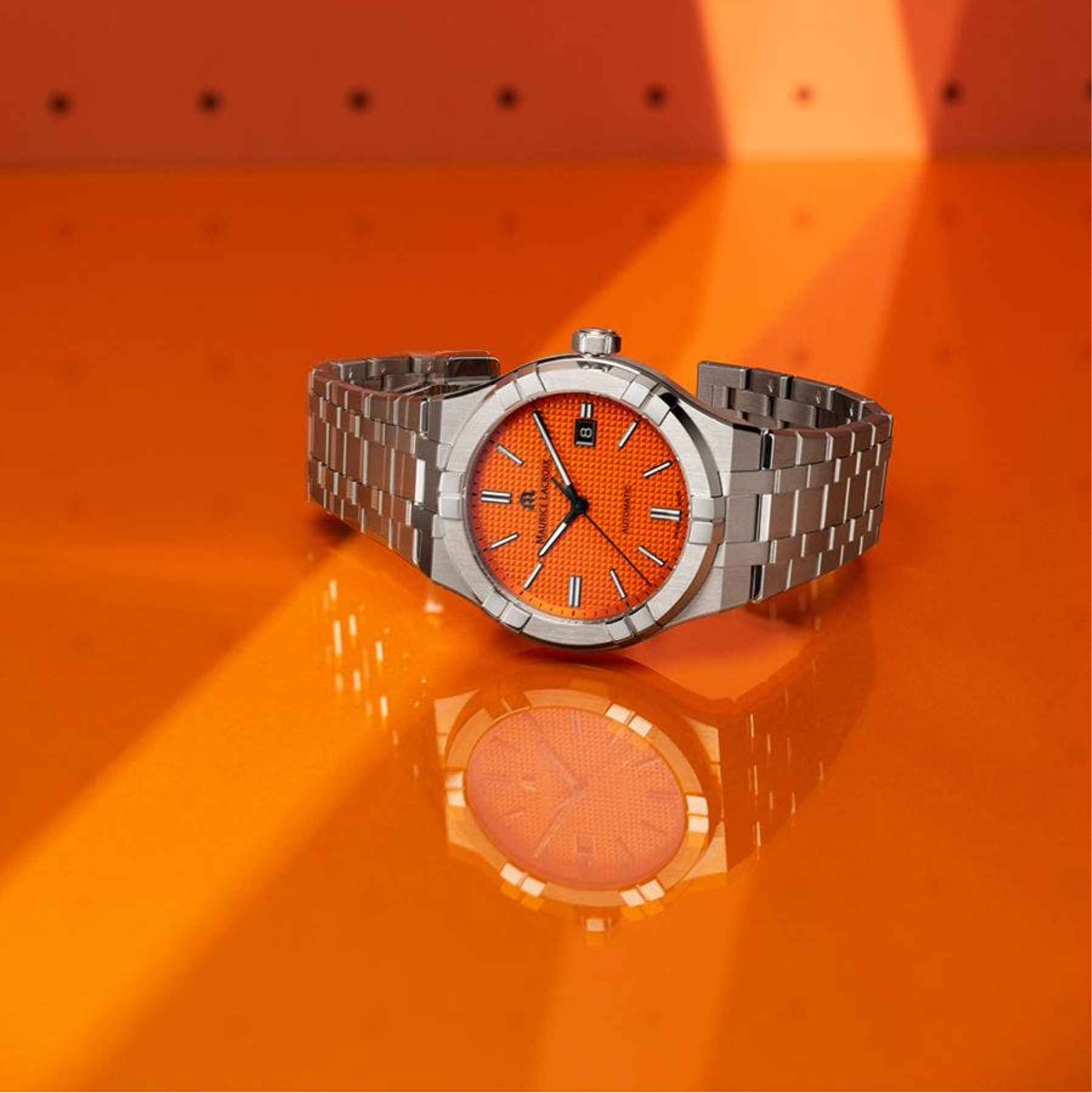  Shop Authentic Maurice Lacroix Aikon Automatic Date Orange Dial Silver Steel Strap Watch For Men - AI6008-SS00F-530-E - Luxxuri
