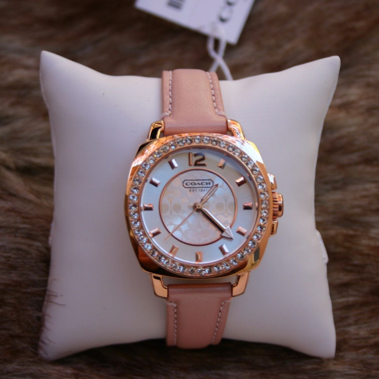 Coach Boyfriend Mother of Pearl White Dial Pink Leather Strap Watch for Women - 14503151