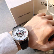  Shop Authentic Emporio Armani Luigi Skeleton Silver Dial Black Leather Strap Watch For Men - AR60007 - Luxxuri