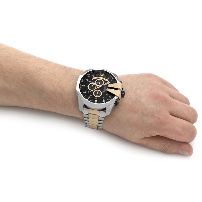  Shop Authentic Diesel Mega Chief Chronograph Black Dial Two Tone Steel Strap Watch For Men - DZ4581 - Luxxuri