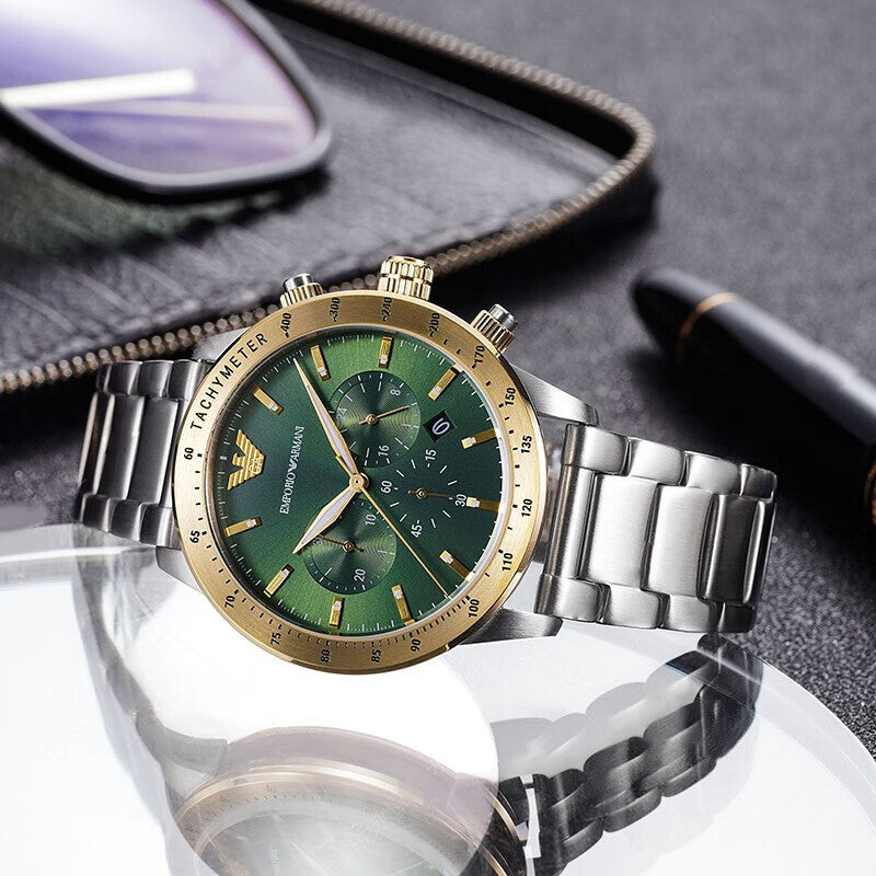  Shop Authentic Emporio Armani Mario Chronograph Green Dial Silver Steel Strap Watch For Men - AR11454 - Luxxuri