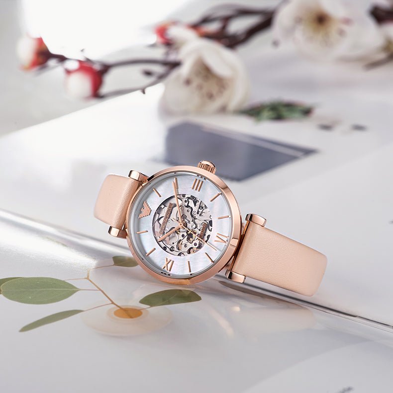  Shop Authentic Emporio Armani Meccanico Silver Skeleton Dial Beige Leather Strap Watch For Women - AR60001 - Luxxuri