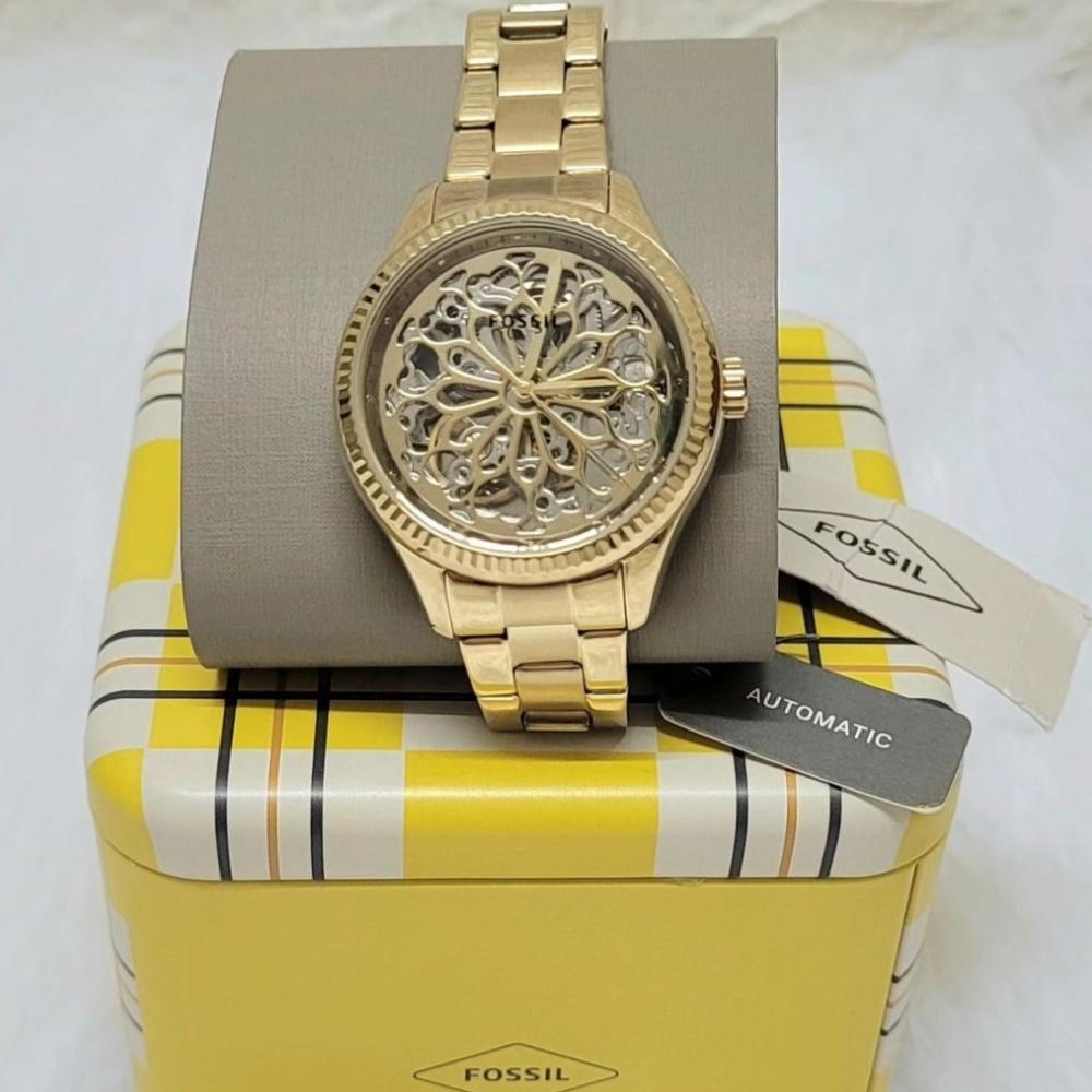  Shop Authentic Fossil Rye Automatic Skeleton Gold Dial Gold Steel Strap Watch for Women - BQ3755 - Luxxuri