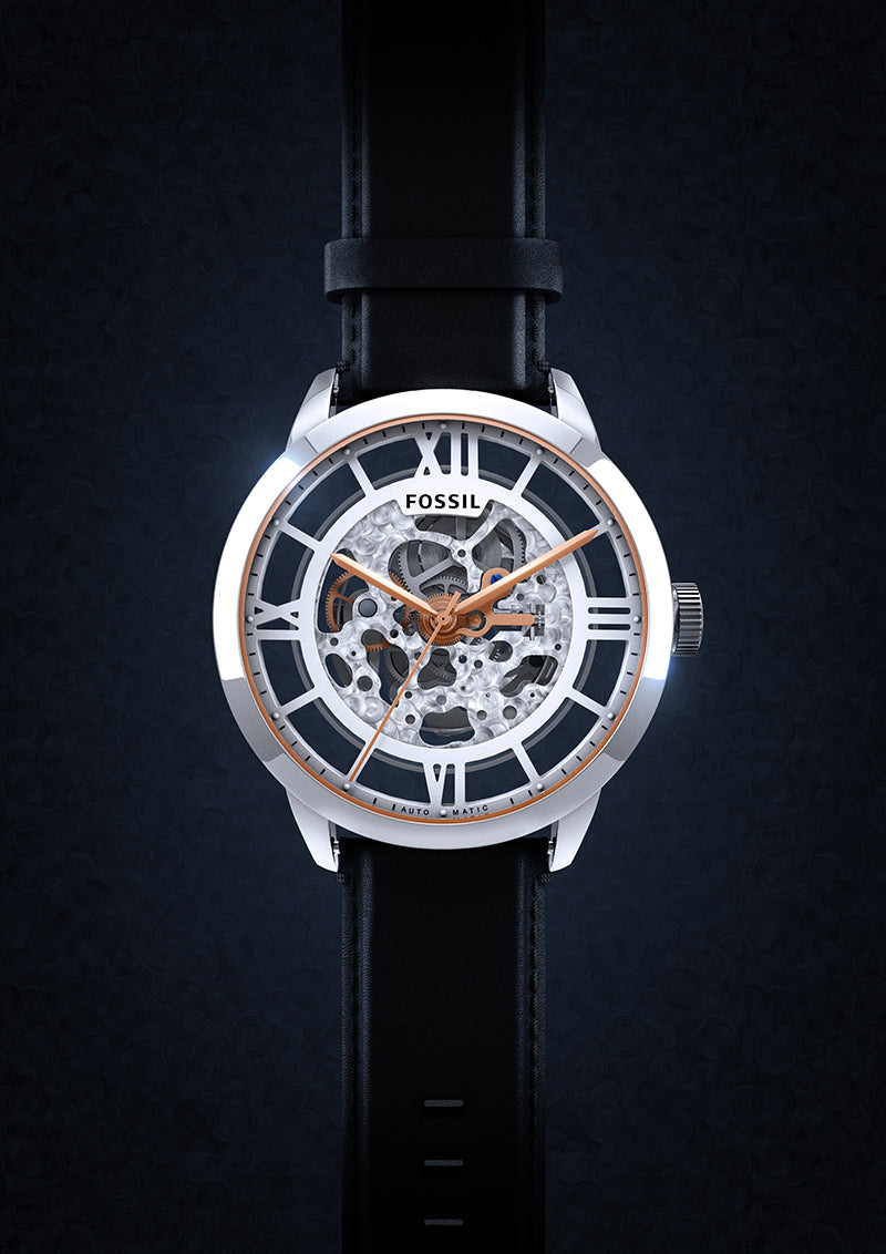  Shop Authentic Fossil Townsman Automatic Skeleton Silver Dial Black Leather Strap Watch for Men - ME3041 - Luxxuri