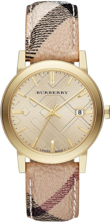  Shop Authentic Burberry The City Gold Dial Haymarket Brown Leather Strap Watch for Women - BU9026 - Luxxuri