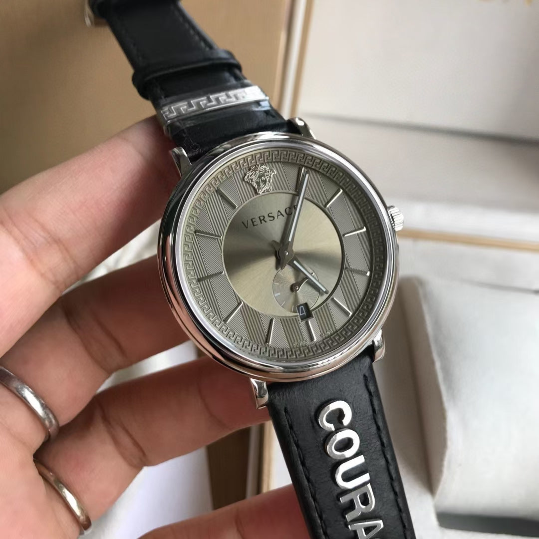  Shop Authentic Versace V-Circle Black Manifesto Courage Quartz Silver Dial Black Leather Strap Watch for Men - VBQ080017 - Luxxuri