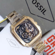 Shop Authentic Fossil Inscription Automatic Skeleton Black Dial Gold Steel Strap Watch for Men - BQ2573 - Luxxuri