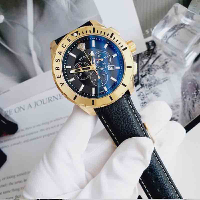  Shop Authentic Versace Casual Chronograph Black Dial Black Leather Strap Watch for Men - VERG003-18 - Luxxuri
