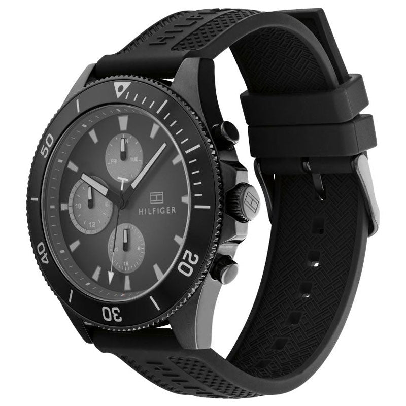  Shop Authentic Tommy Hilfiger Larson Chronograph Black Dial Black Rubber Strap Watch For Men - 1791921 - Luxxuri