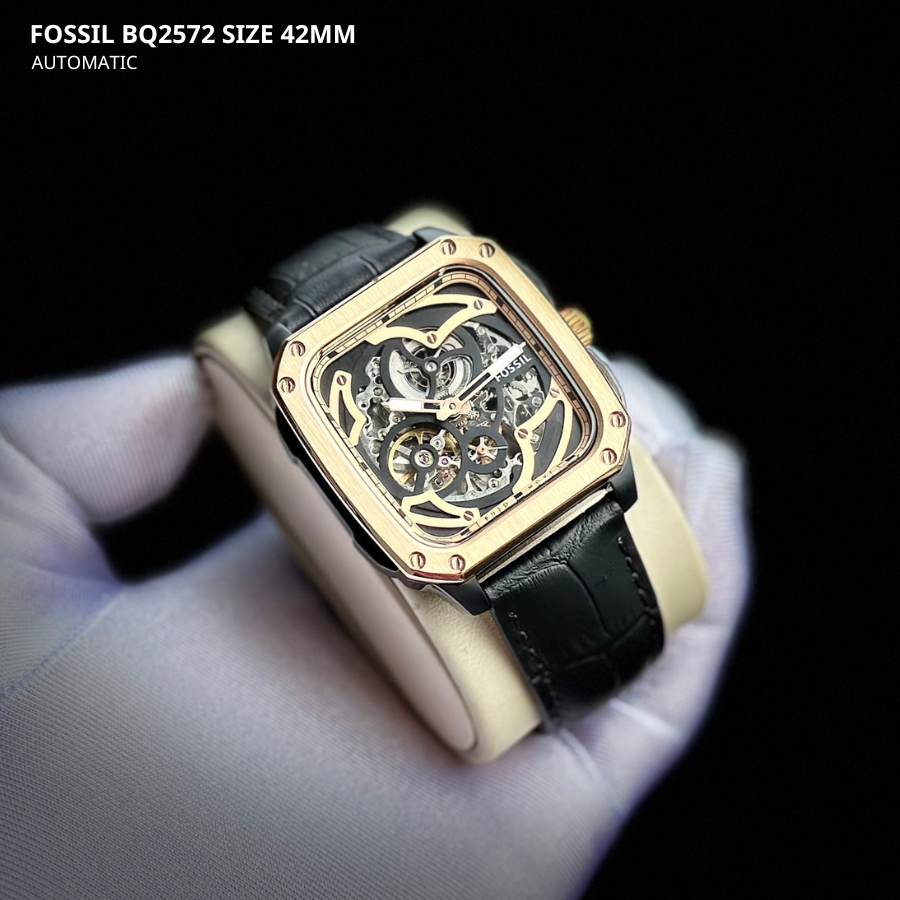  Shop Authentic Fossil Inscription Automatic Skeleton Rose Gold Dial Black Leather Strap Watch for Men - BQ2572 - Luxxuri