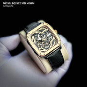  Shop Authentic Fossil Inscription Automatic Skeleton Rose Gold Dial Black Leather Strap Watch for Men - BQ2572 - Luxxuri