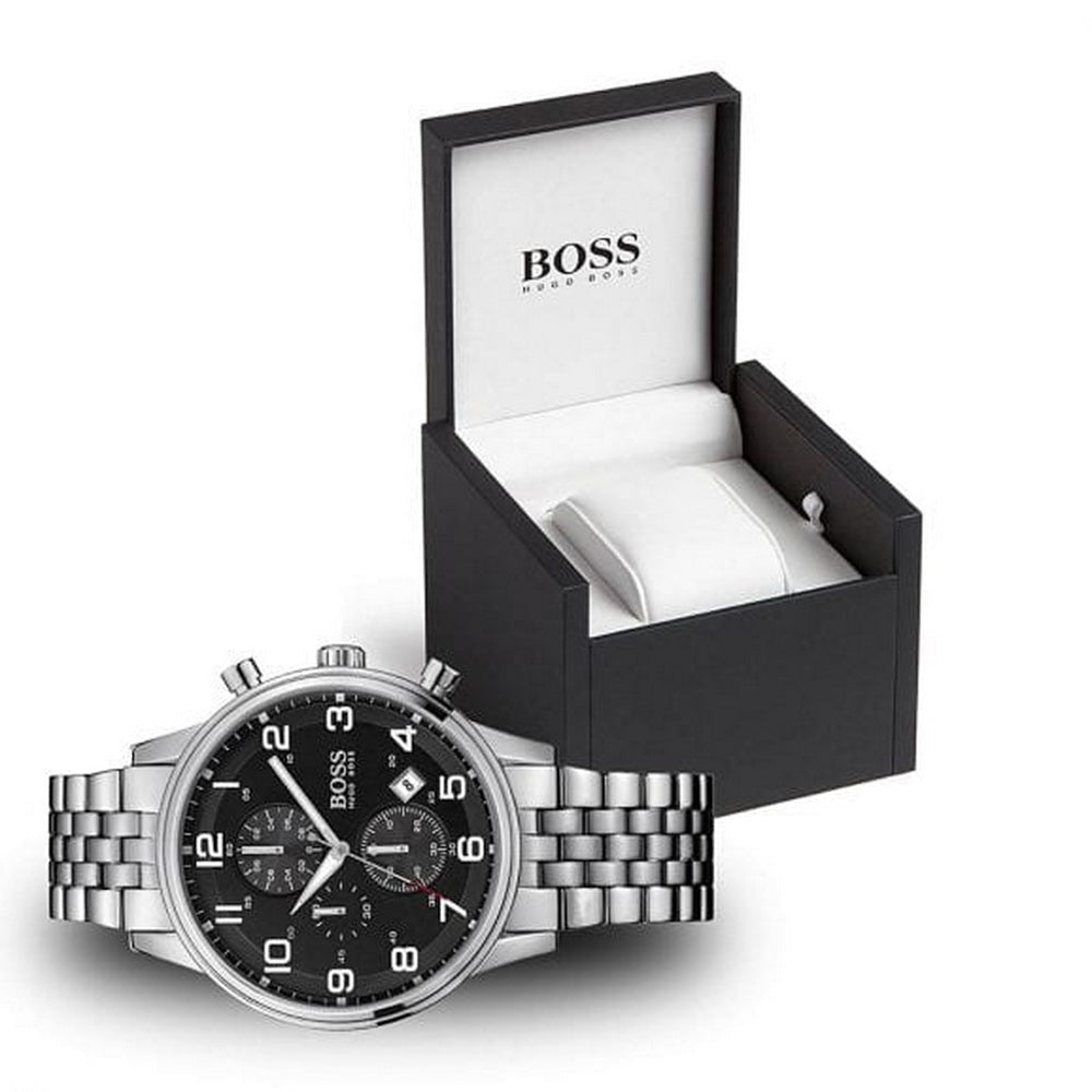  Shop Authentic Hugo Boss Aeroliner Chronograph Quartz Black Dial Silver Steel Strap Watch For Men - HB1512446 - Luxxuri