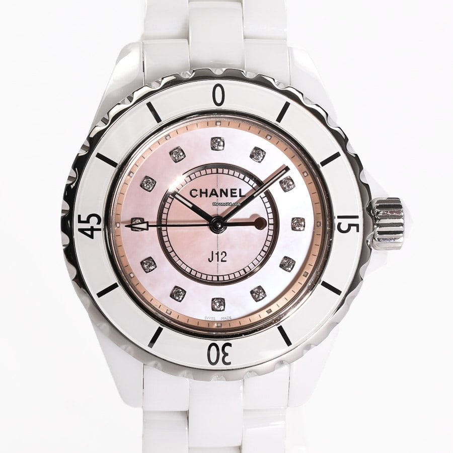  Shop Authentic Chanel J12 Quartz Diamonds Pink Dial White Steel Strap Watch for Women - J12 H5513 - Luxxuri