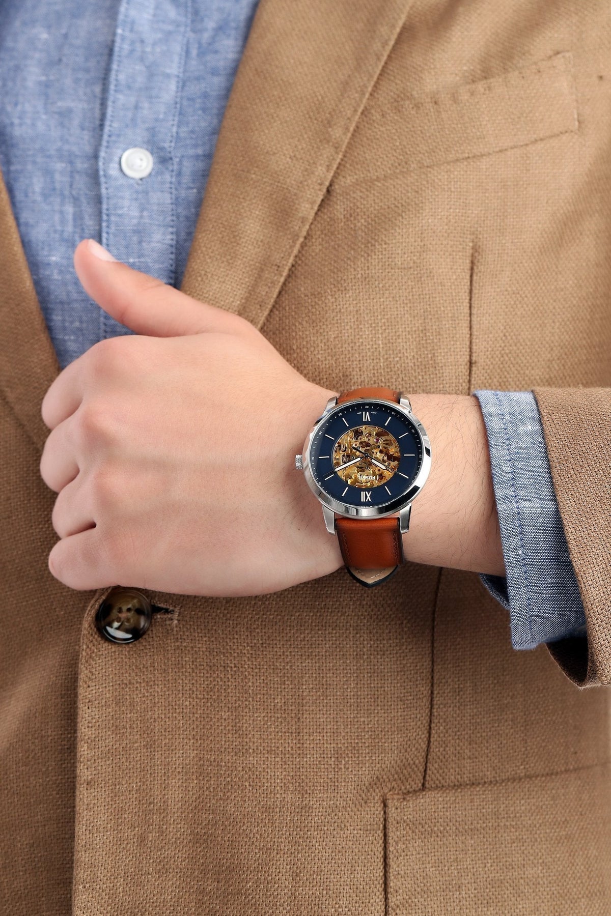  Shop Authentic Fossil Commuter Automatic Skeleton Blue Dial Brown Leather Strap Watch for Men - ME3159 - Luxxuri