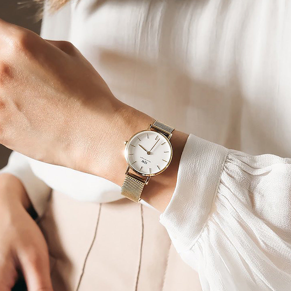  Shop Authentic Daniel Wellington Classic Petite White Dial Gold Mesh Bracelet Watch For Women - DW00100348 - Luxxuri
