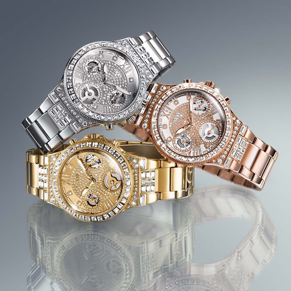  Shop Authentic Guess Moonlight Multi Function Diamonds Silver Dial Silver Steel Strap Watch for Women - GW0320L1 - Luxxuri