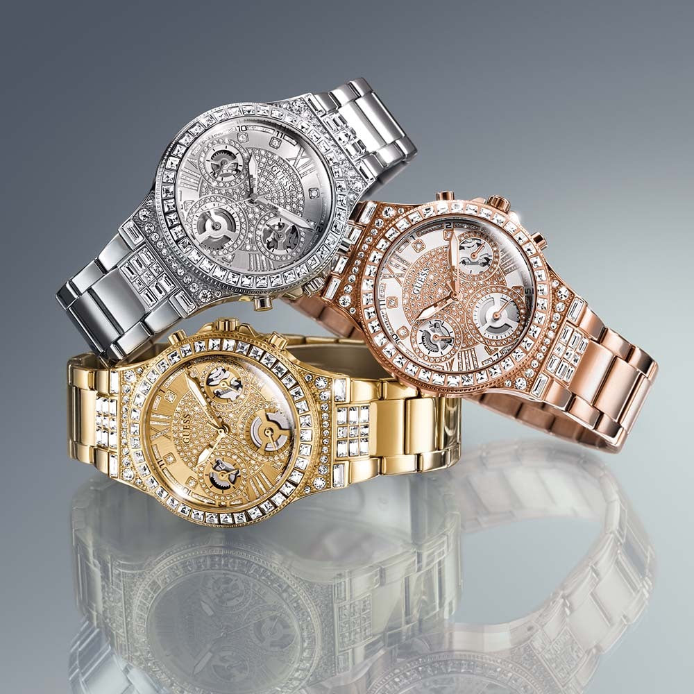  Shop Authentic Guess Moonlight Multi Function Diamonds Gold Dial Gold Steel Strap Watch for Women - GW0320L2 - Luxxuri