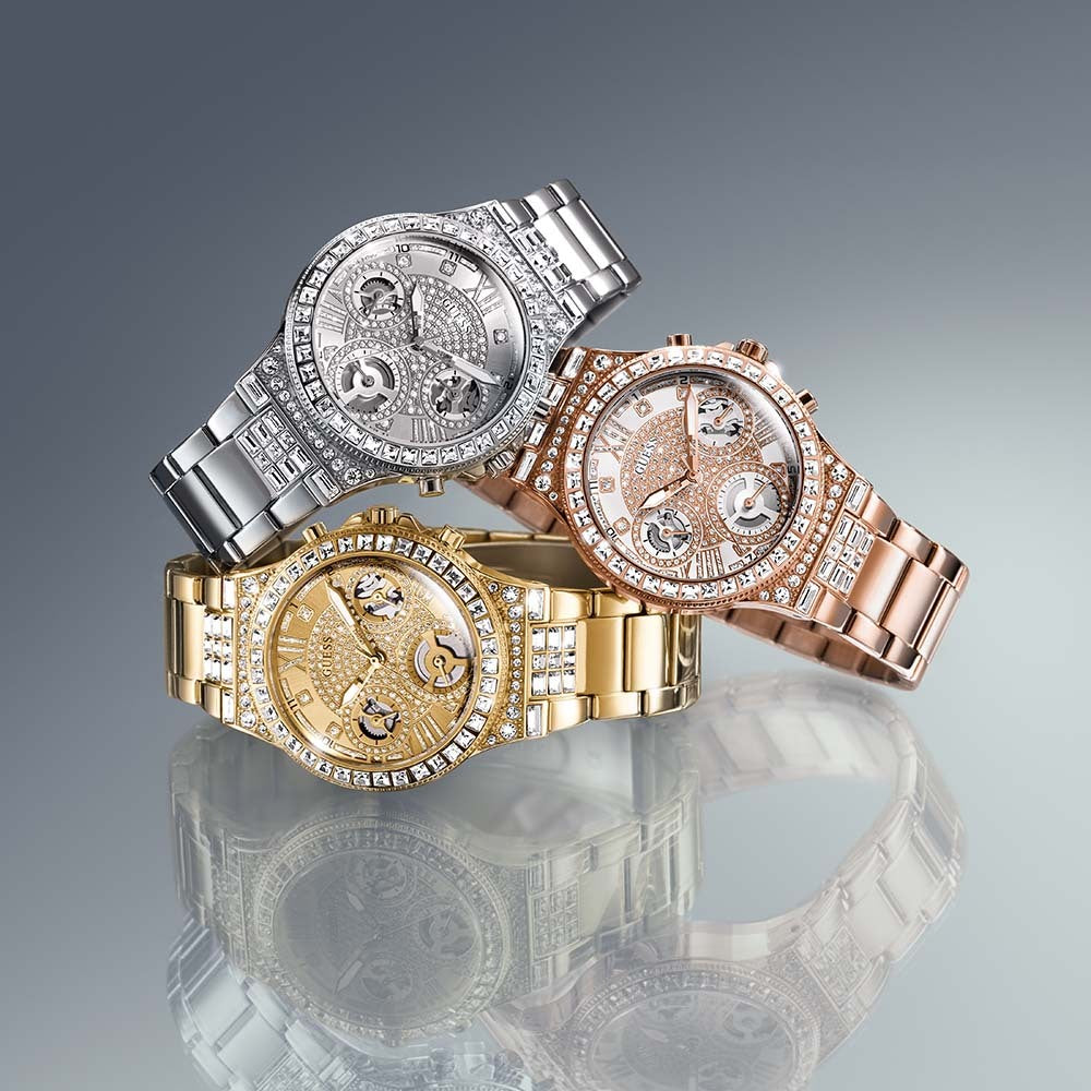  Shop Authentic Guess Moonlight Multi Function Diamonds White Dial Rose Gold Steel Strap Watch for Women - GW0320L3 - Luxxuri