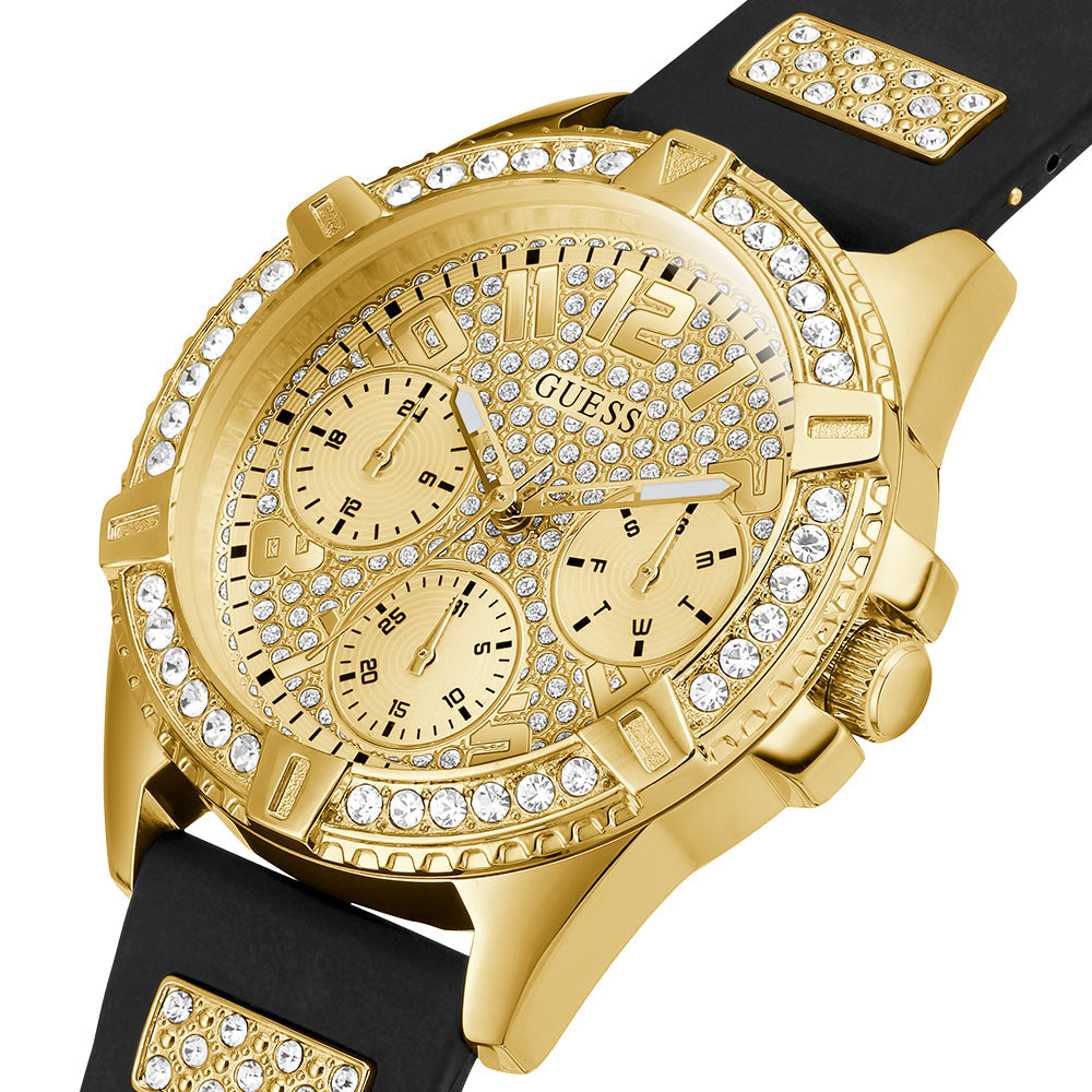  Shop Authentic Guess Frontier Diamonds Gold Dial Black Rubber Strap Watch For Women - W1160L1 - Luxxuri