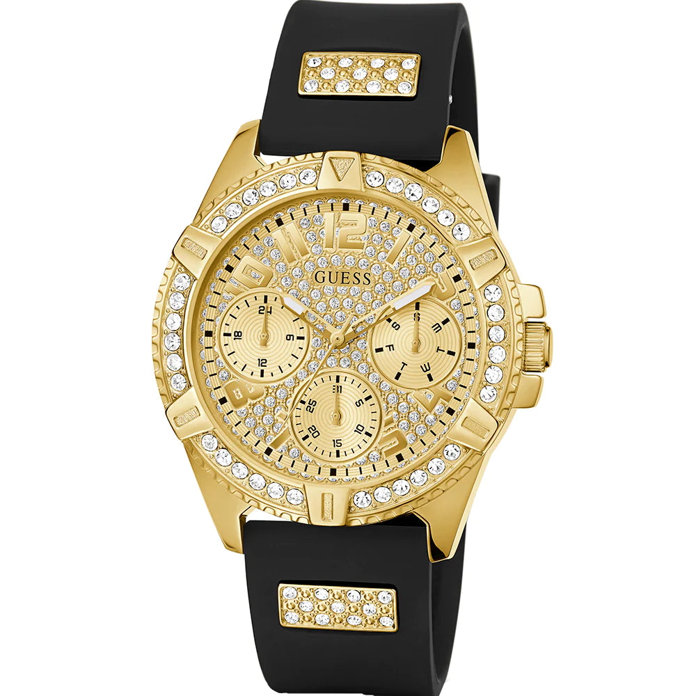  Shop Authentic Guess Frontier Diamonds Gold Dial Black Rubber Strap Watch For Women - W1160L1 - Luxxuri
