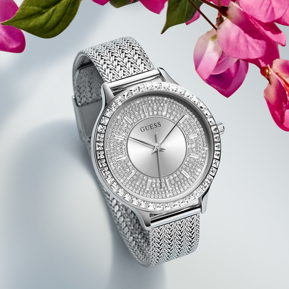  Shop Authentic Guess Soiree Diamonds Silver Dial Silver Mesh Bracelet Watch for Women - GW0402L1 - Luxxuri