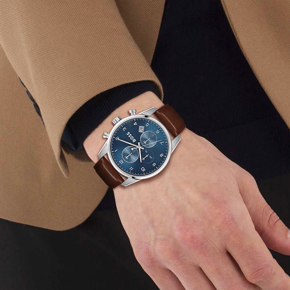  Shop Authentic Hugo Boss Skymaster Blue Dial Brown Leather Strap Watch for Men - 1513940 - Luxxuri