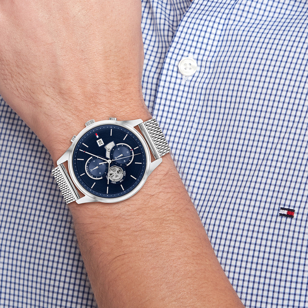  Shop Authentic Tommy Hilfiger Weston Chronograph Blue Dial Silver Mesh Bracelet Watch For Men - 1710504 - Luxxuri