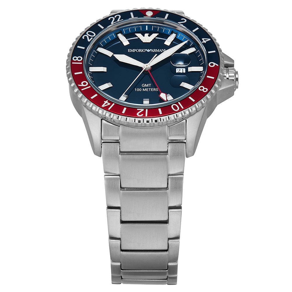  Shop Authentic Emporio Armani Sea Explorer GMT Blue Dial Silver Steel Strap Watch For Men - AR11590 - Luxxuri