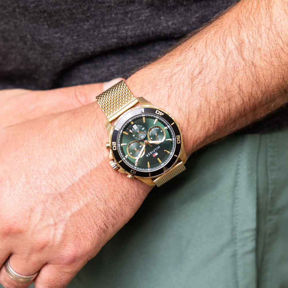  Shop Authentic Tommy Hilfiger Jordan Chronograph Green Dial Gold Mesh Strap Watch For Men - 1792093 - Luxxuri