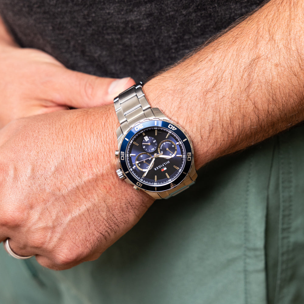  Shop Authentic Tommy Hilfiger Jordan Chronograph Blue Dial Silver Steel Strap Watch For Men - 1792094 - Luxxuri
