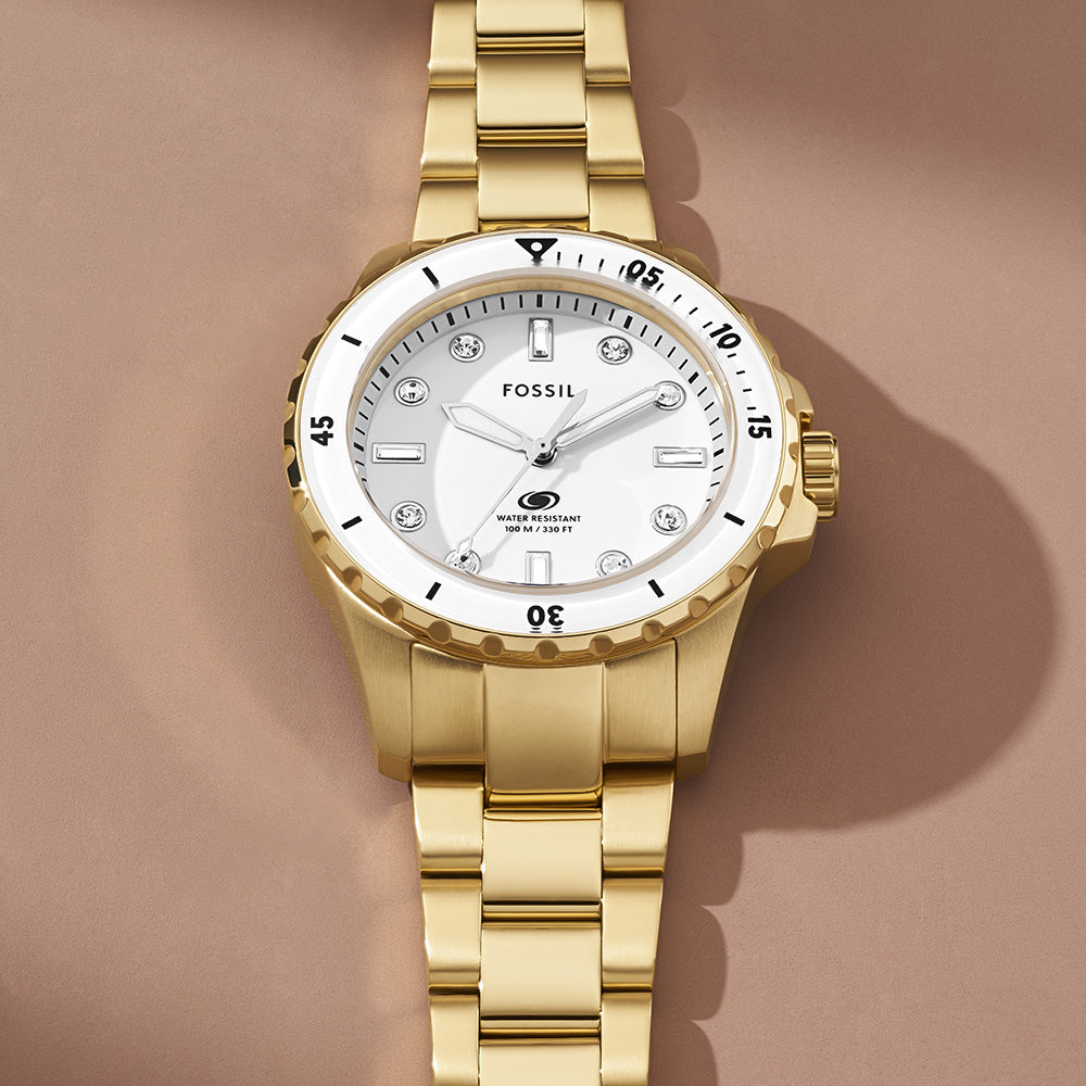  Shop Authentic Fossil Blue Dive Three Hand White Dial Gold Steel Strap Watch For Women - ES5350 - Luxxuri