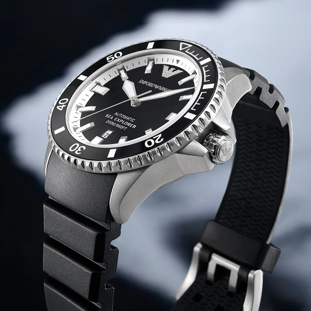 Emporio Armani Sea Explorer Automatic Black Dial Black Silicone Strap Watch For Men - AR60078