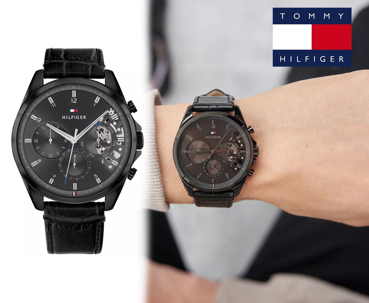  Shop Authentic Tommy Hilfiger Baker Chronograph Black Dial Black Leather Strap Watch For Men  - 1710452 - Luxxuri