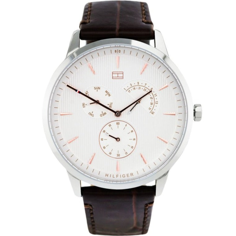  Shop Authentic Tommy Hilfiger Brad Chronograph White Dial Brown Leather Strap Watch For Men - 1710389 - Luxxuri