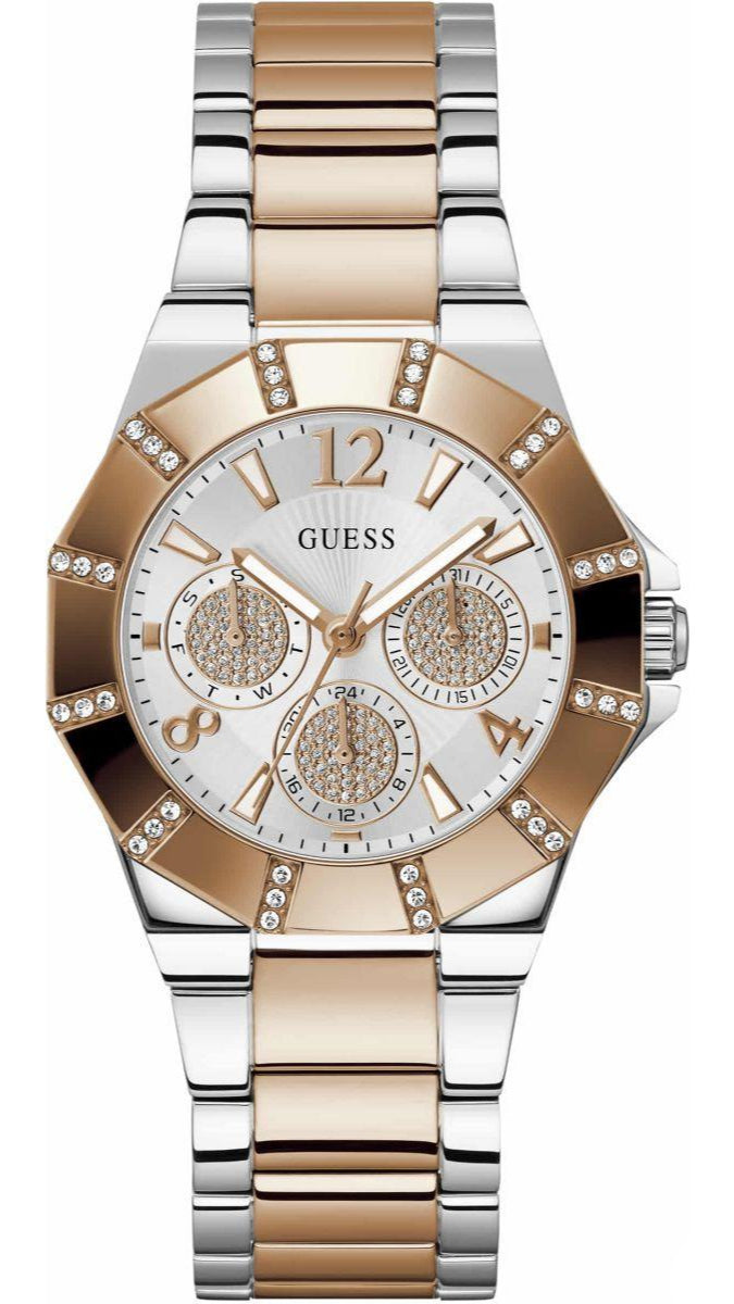  Shop Authentic Guess Sunray Multifunction Crystals Silver Dial Two Tone Steel Strap Watch For Women - GW0616L3 - Luxxuri