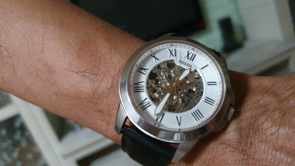  Shop Authentic Fossil Grant Automatic Skeleton White Dial Black Leather Strap Watch for Men - ME3101 - Luxxuri