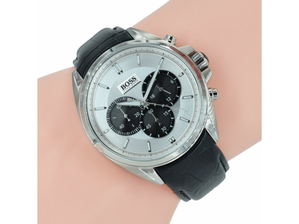  Shop Authentic Hugo Boss Casual Chronograph Silver Dial Black Leather Strap Watch For Men - HB1512880 - Luxxuri