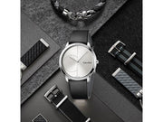  Shop Authentic Calvin Klein Minimal Silver Dial Black Leather Strap Watch for Men - K3M221CY - Luxxuri