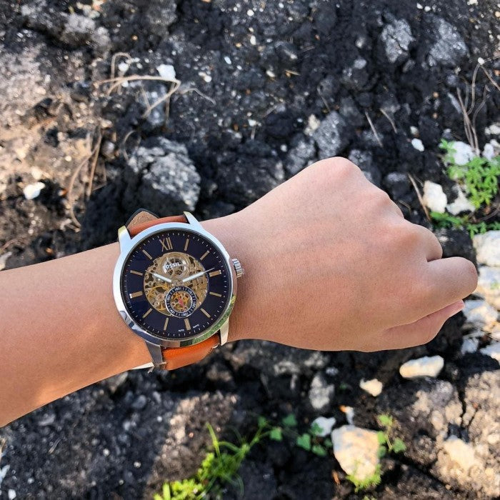  Shop Authentic Fossil Townsman Automatic Skeleton Blue Dial Brown Leather Strap Watch for Men - ME3154 - Luxxuri