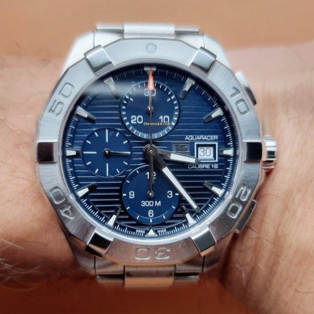  Shop Authentic Tag Heuer Aquaracer Caliber 16 Automatic Chronograph Blue Dial Silver Steel Strap Watch for Men - CAY2112.BA0927 - Luxxuri