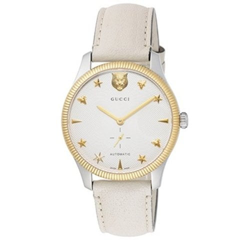  Shop Authentic Gucci G Timeless Automatic Silver Dial Beige Leather Strap Watch For Men - YA126348 - Luxxuri