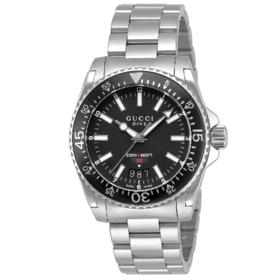  Shop Authentic Gucci Dive Quartz Black Dial Silver Steel Strap Watch For Men - YA136301A - Luxxuri