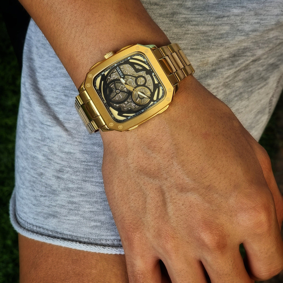  Shop Authentic Fossil Inscription Automatic Skeleton Black Dial Gold Steel Strap Watch for Men - BQ2573 - Luxxuri